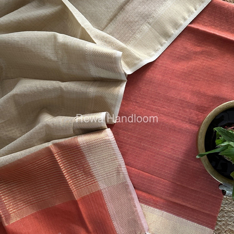 Maheshwari Rust-Beige Zari Checks Suit ZCS01