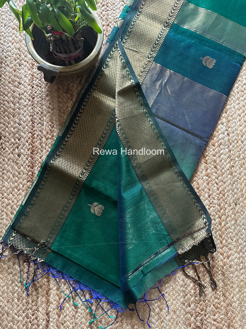 Maheshwari Dark Green Lotus Shaded Butta Saree SLB025