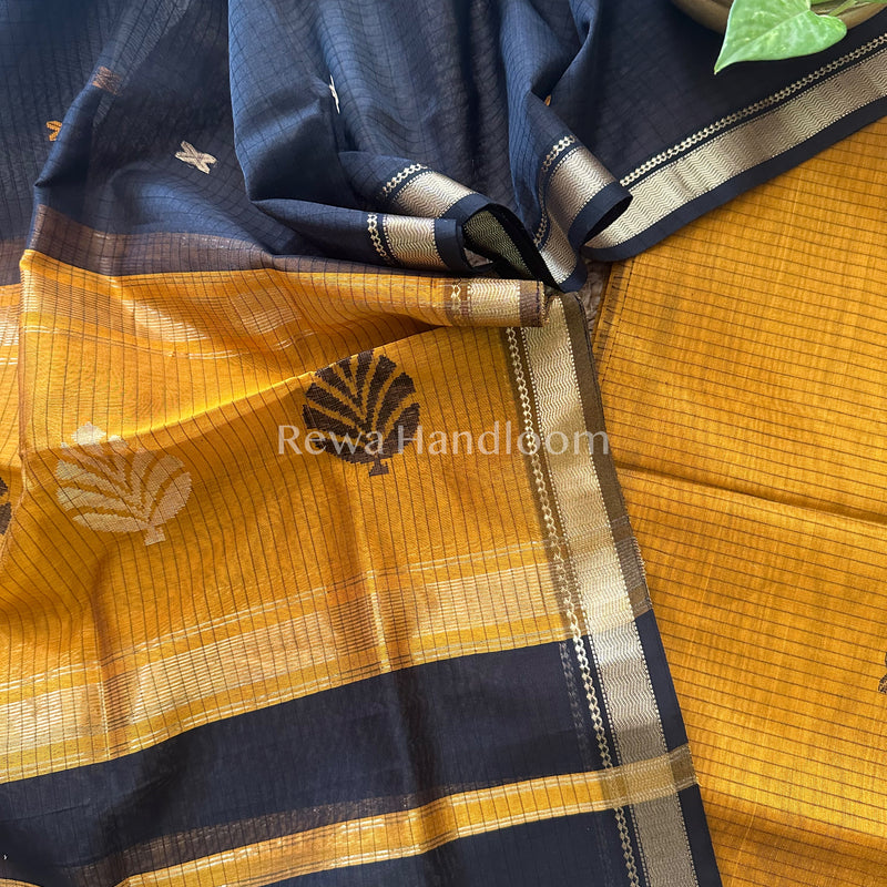 Maheshwari Rust Yellow- Black Katan Motifs Top Dupatta Sets-KBS034
