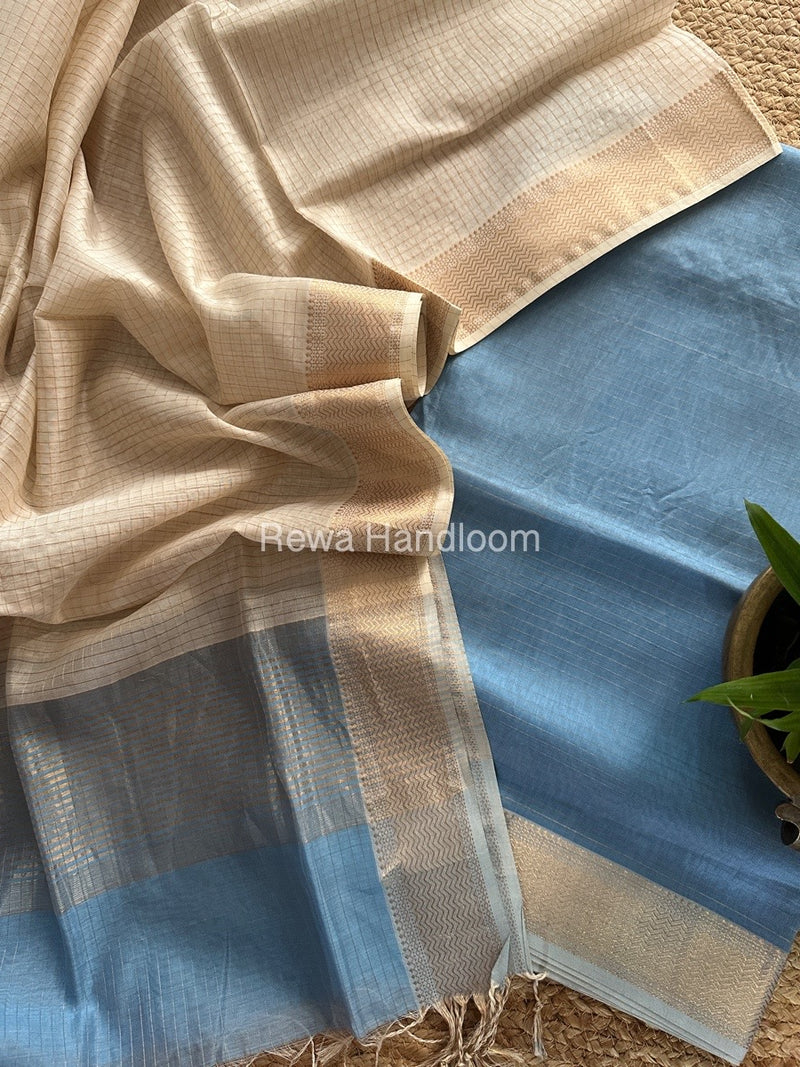 Maheshwari Sky Blue-White Zari Checks Suit ZCS09