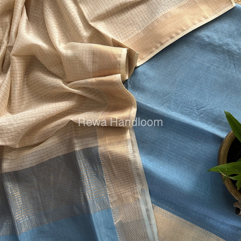 Maheshwari Sky Blue-White Zari Checks Suit ZCS09