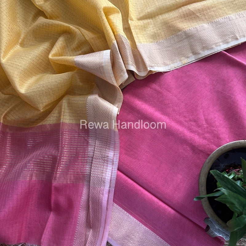 Maheshwari Pink-Yellow Zari Checks Suit ZCS02