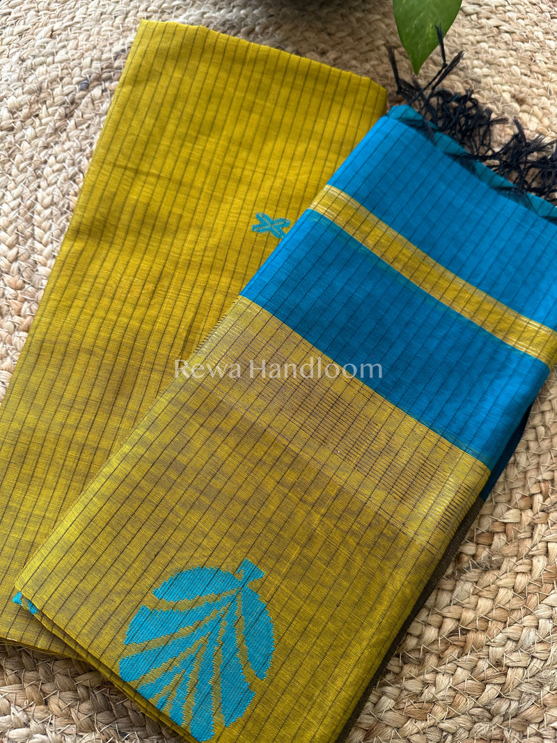Maheshwari Mustard Yellow- Rama Green Katan Motifs Top Dupatta Sets KBS036