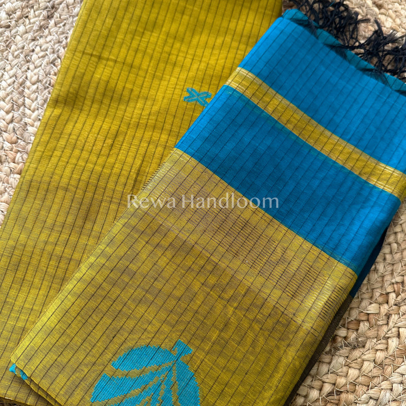 Maheshwari Mustard Yellow- Rama Green Katan Motifs Top Dupatta Sets KBS036