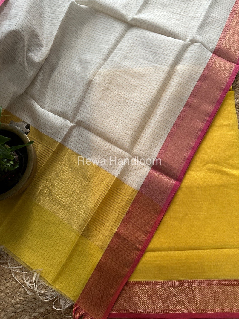 Maheshwari Yellow-White Zari Checks Suit ZCS08