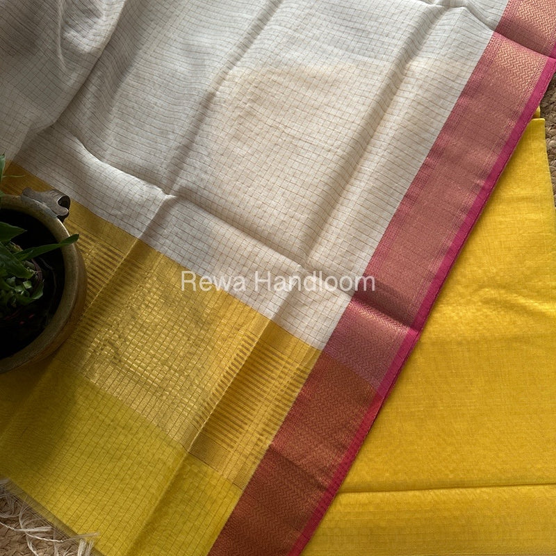 Maheshwari Yellow-White Zari Checks Suit ZCS08