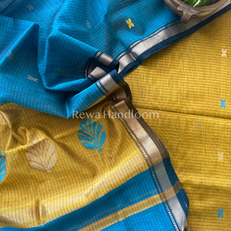Maheshwari Mustard Yellow- Rama Green Katan Motifs Top Dupatta Sets KBS036