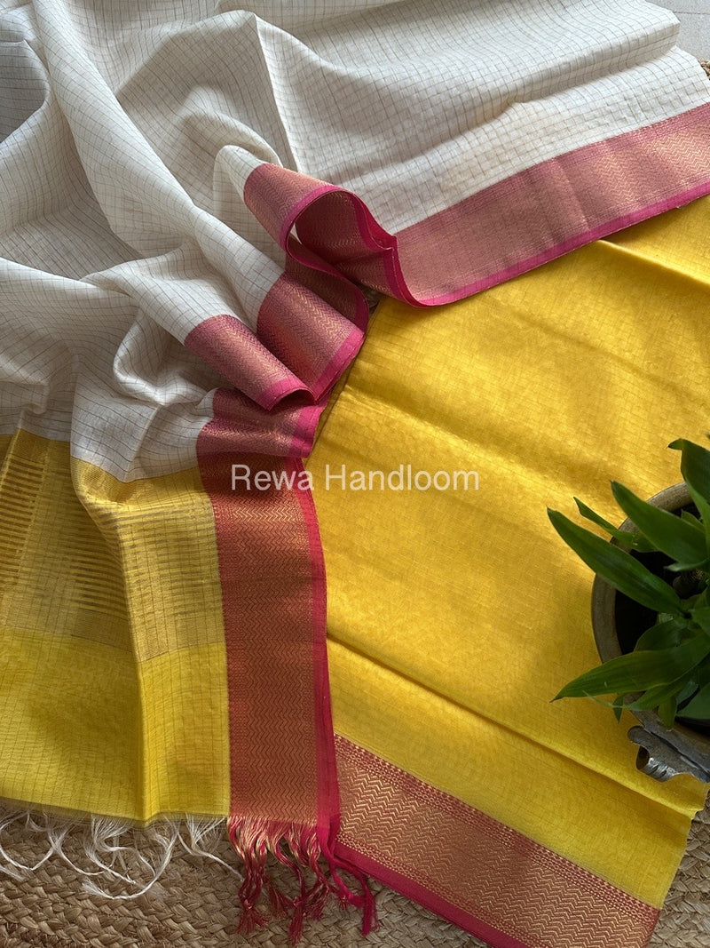 Maheshwari Yellow-White Zari Checks Suit ZCS08