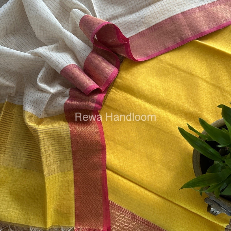 Maheshwari Yellow-White Zari Checks Suit ZCS08