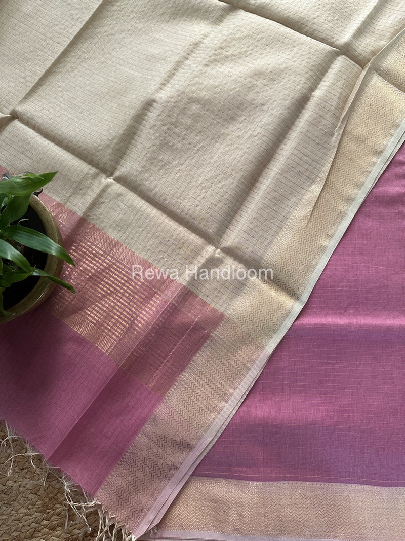 Maheshwari Onion Pink-Beige Zari Checks Suit ZCS011