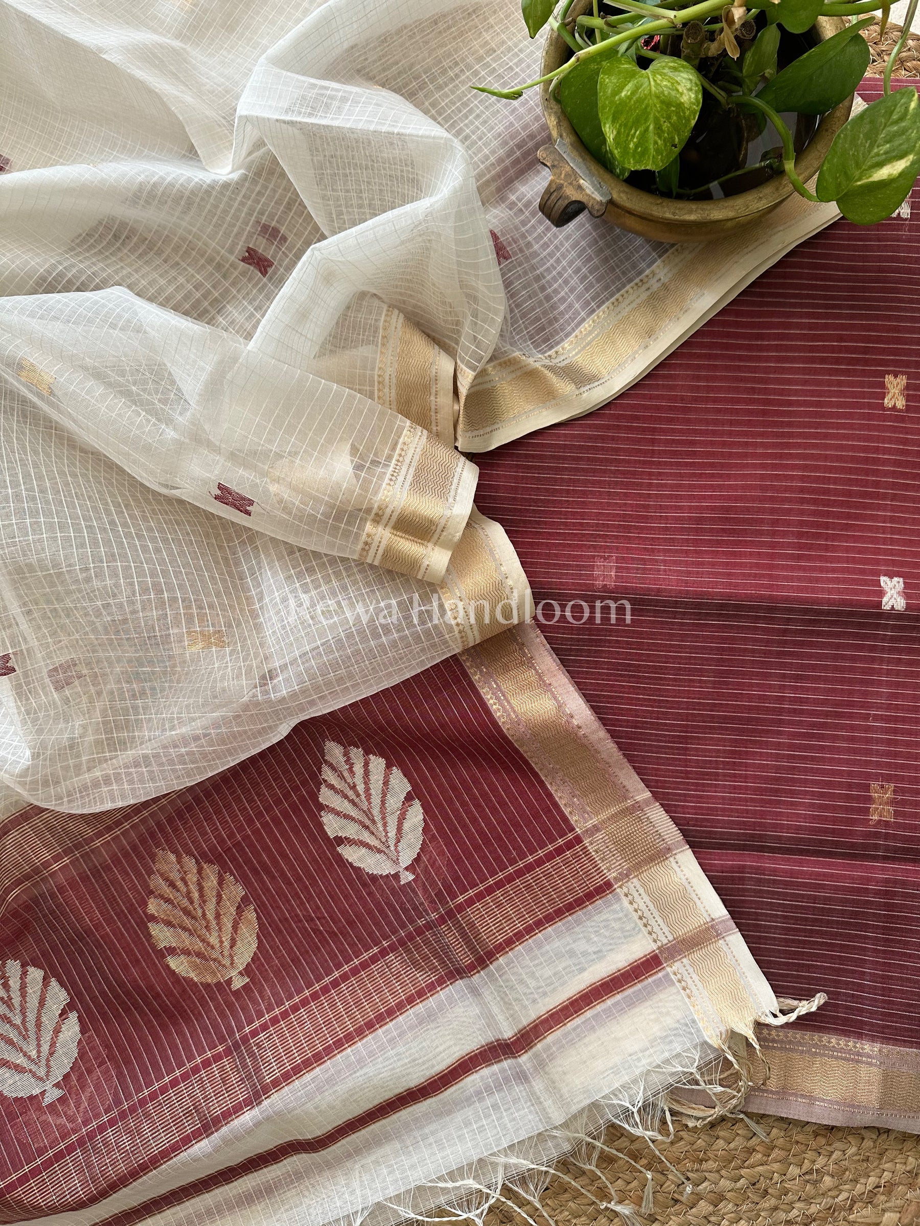 Maheshwari Wine- White Katan Motifs Top Dupatta Sets-KBS022