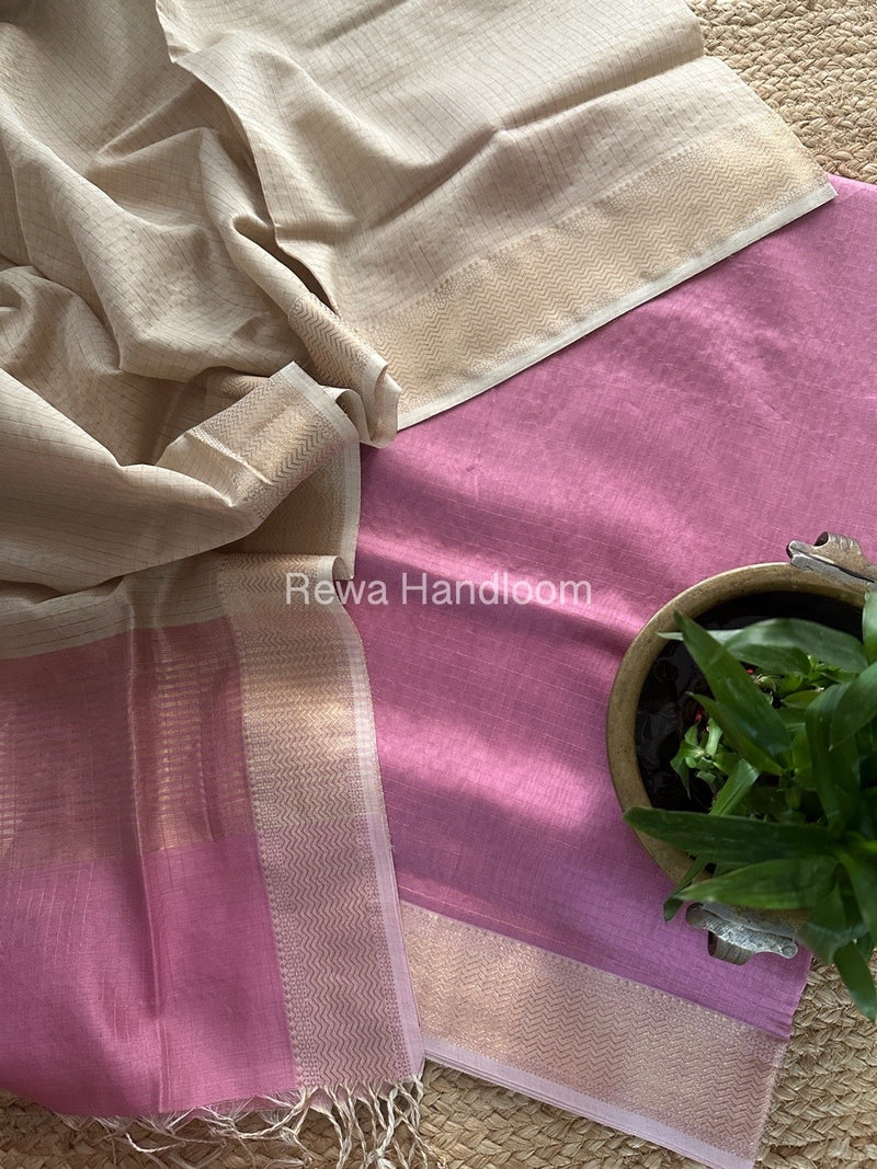Maheshwari Onion Pink-Beige Zari Checks Suit ZCS011