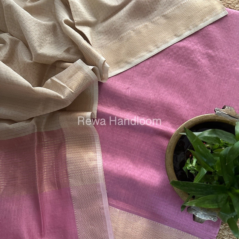 Maheshwari Onion Pink-Beige Zari Checks Suit ZCS011