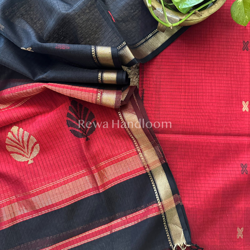 Maheshwari Red - Black Katan Motifs Top Dupatta Sets-KBS039