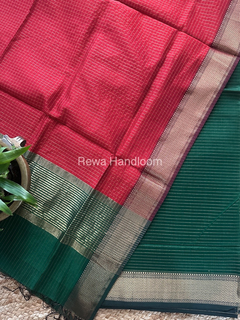 Maheshwari Green-Red Zari Checks Suit ZCS07
