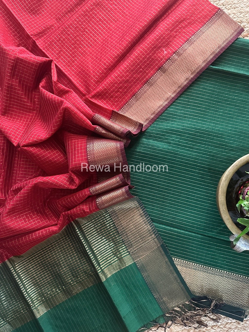 Maheshwari Green-Red Zari Checks Suit ZCS07