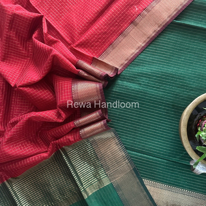 Maheshwari Green-Red Zari Checks Suit ZCS07