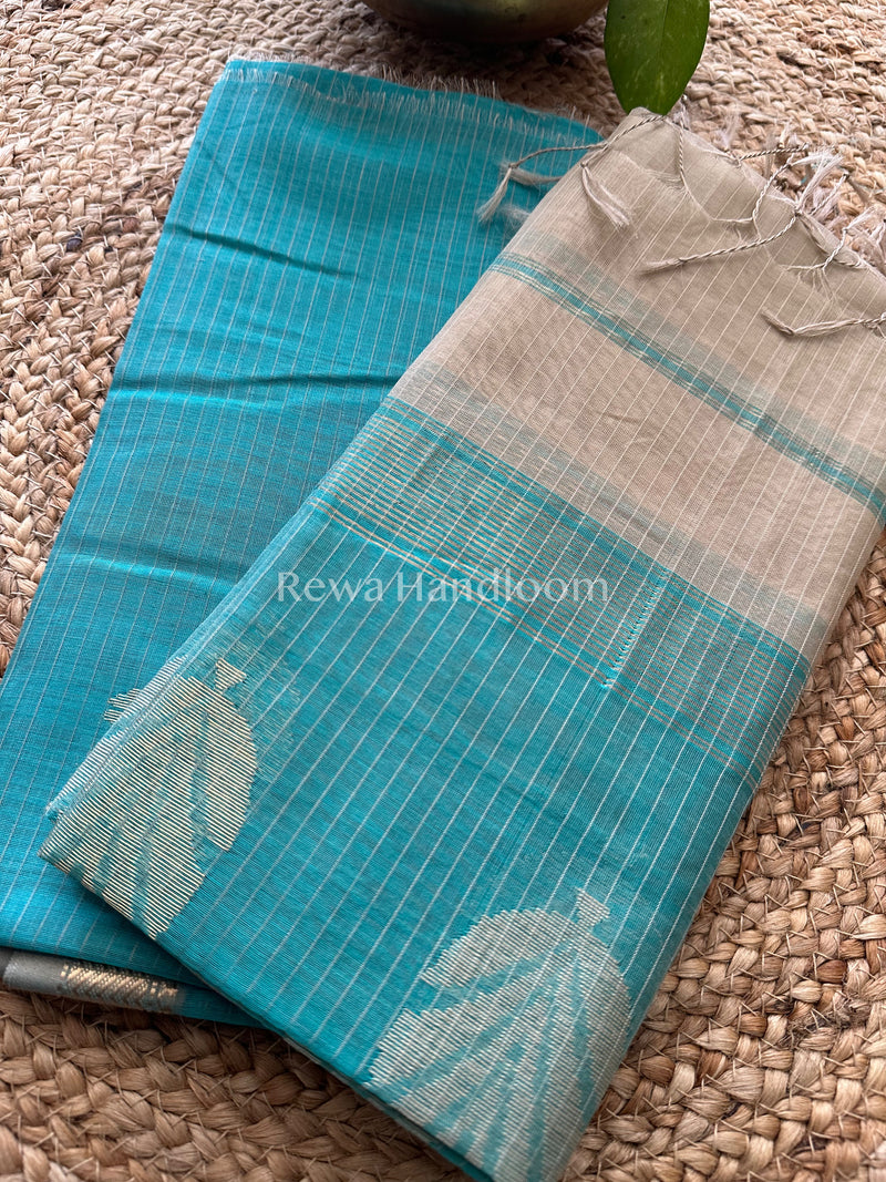 Maheshwari Sea Green- Beige Katan Motifs Top Dupatta Sets KBS047