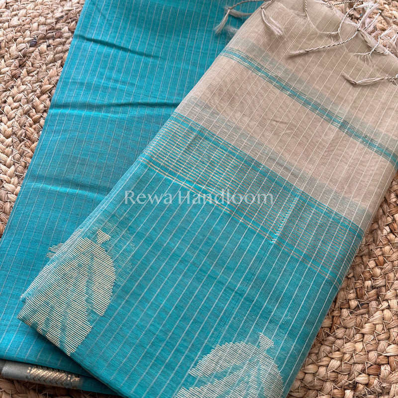 Maheshwari Sea Green- Beige Katan Motifs Top Dupatta Sets KBS047