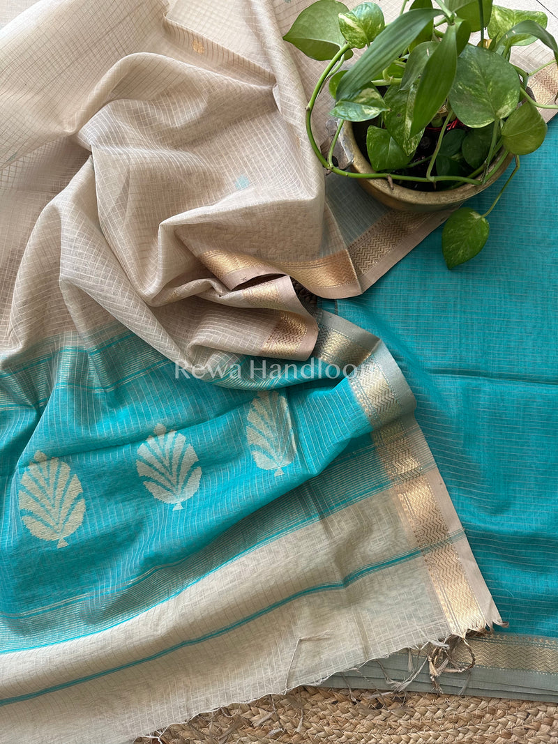 Maheshwari Sea Green- Beige Katan Motifs Top Dupatta Sets KBS047