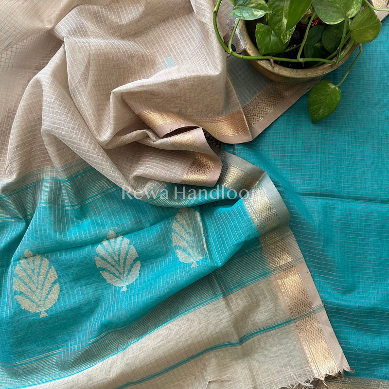 Maheshwari Sea Green- Beige Katan Motifs Top Dupatta Sets KBS047