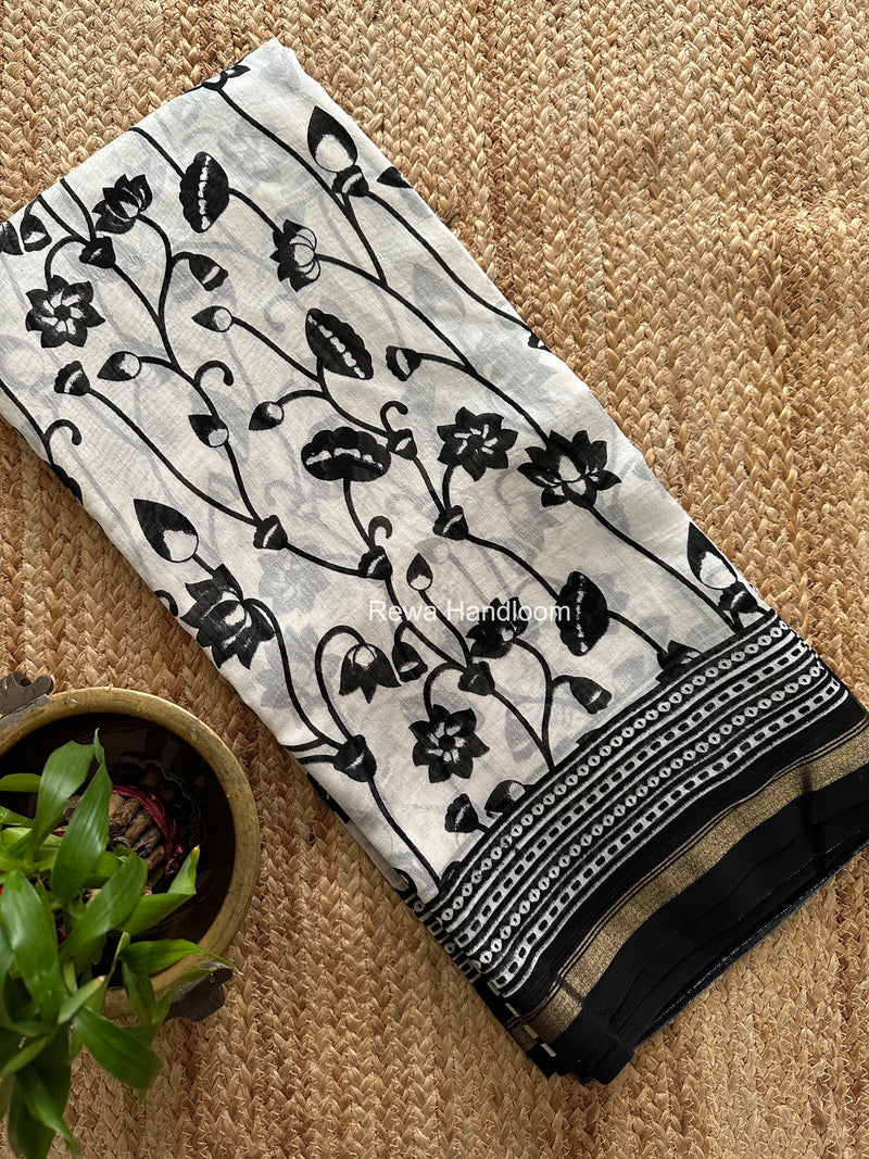 White Chanderi Silk Printed Saree CPS080