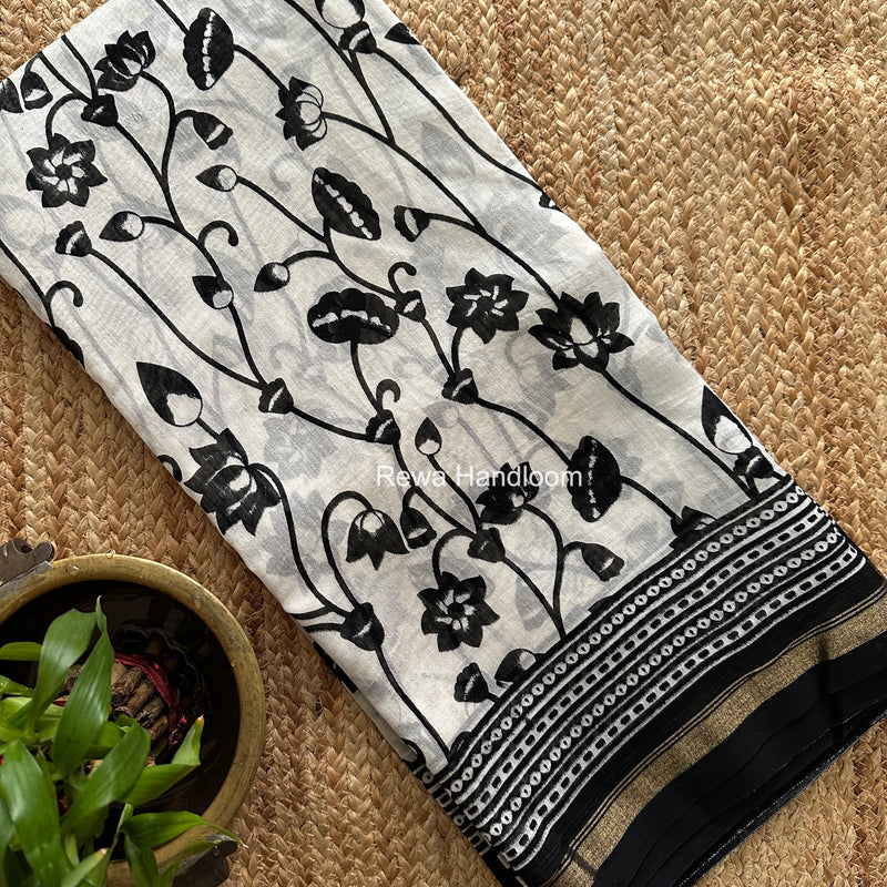 White Chanderi Silk Printed Saree CPS080