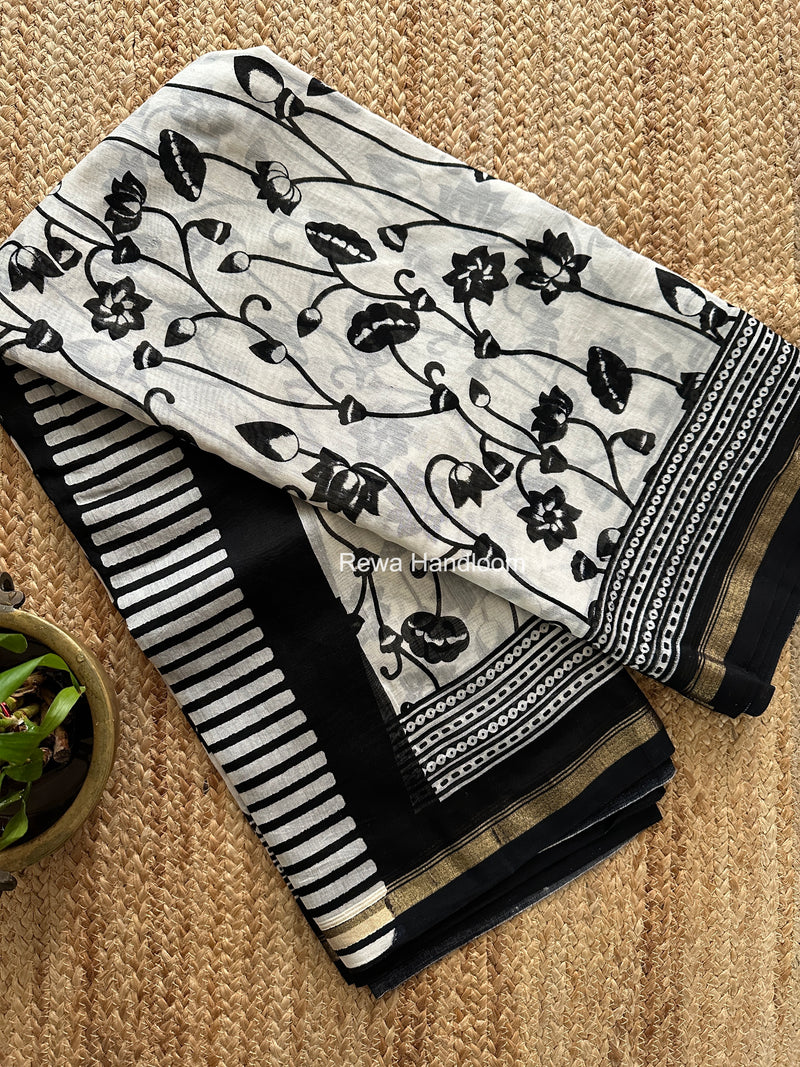 White Chanderi Silk Printed Saree CPS080