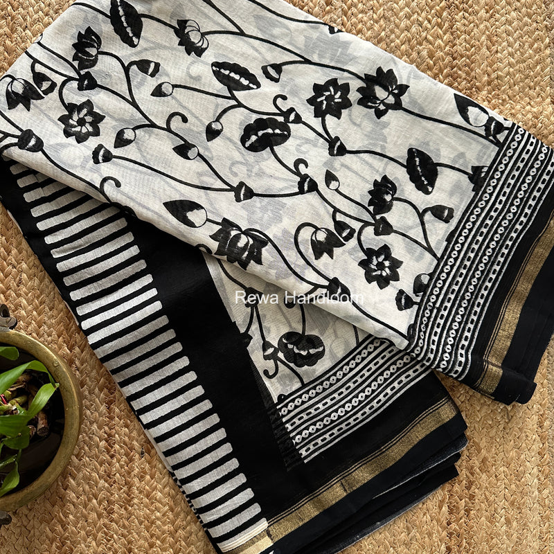White Chanderi Silk Printed Saree CPS080