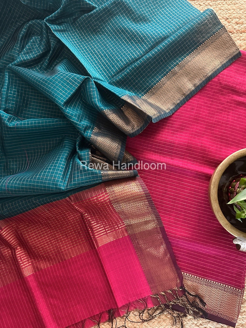 Maheshwari Rani Pink-Rama Green Zari Checks Suit ZCS013