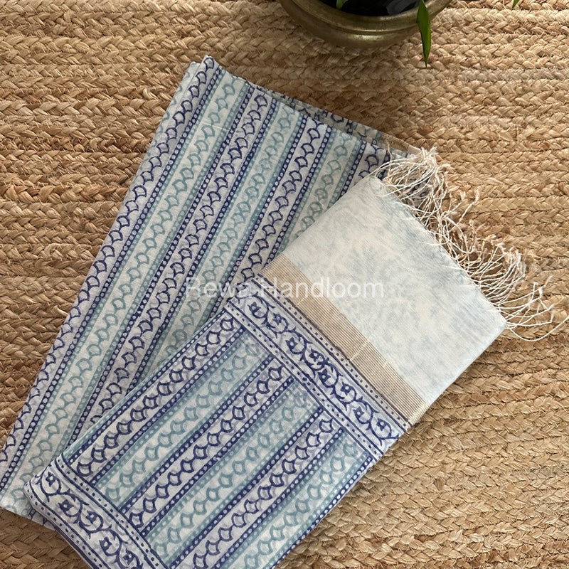 Maheshwari White Handblock Print Top-Dupatta HBS0125