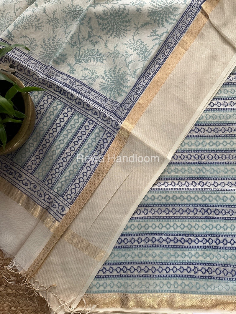 Maheshwari White Handblock Print Top-Dupatta HBS0125