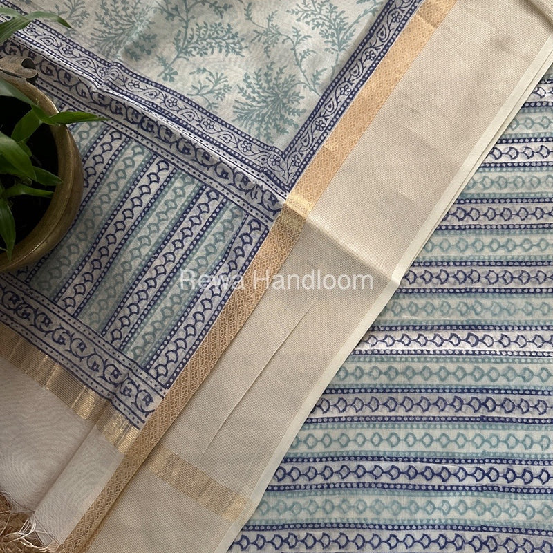 Maheshwari White Handblock Print Top-Dupatta HBS0125