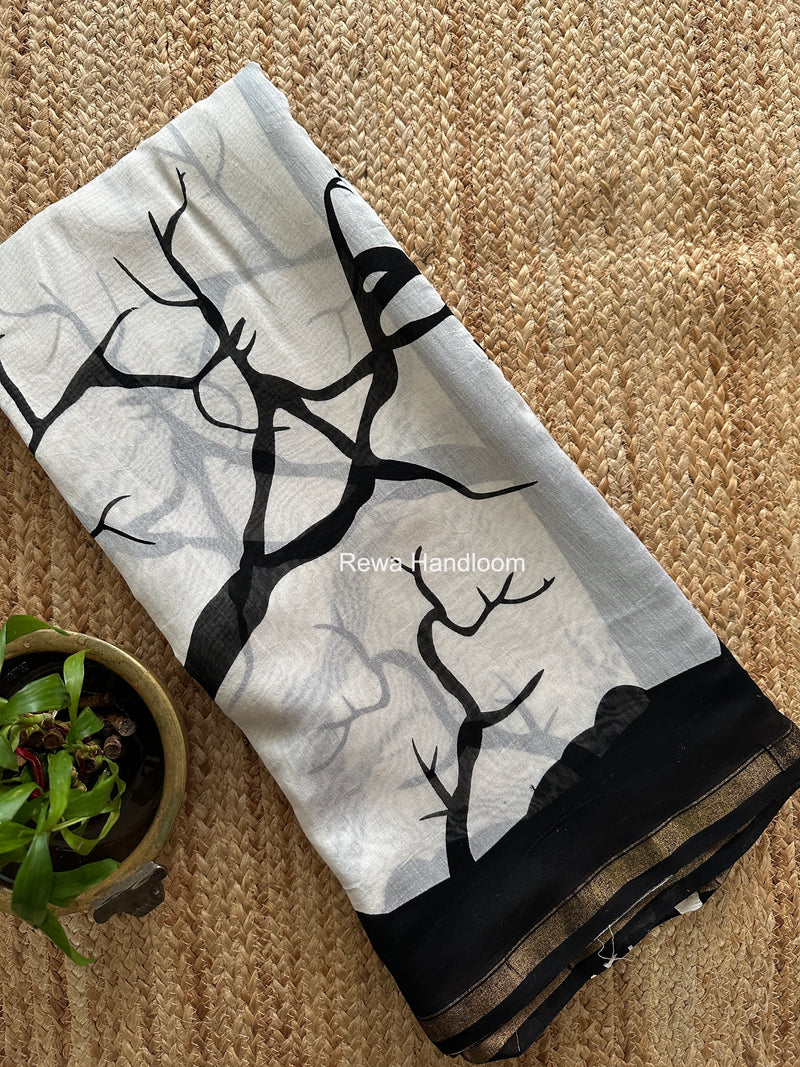White Chanderi Silk Printed Saree CPS085
