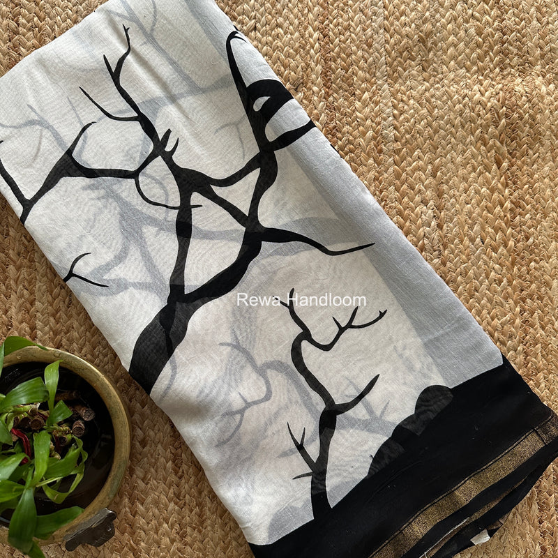 White Chanderi Silk Printed Saree CPS085