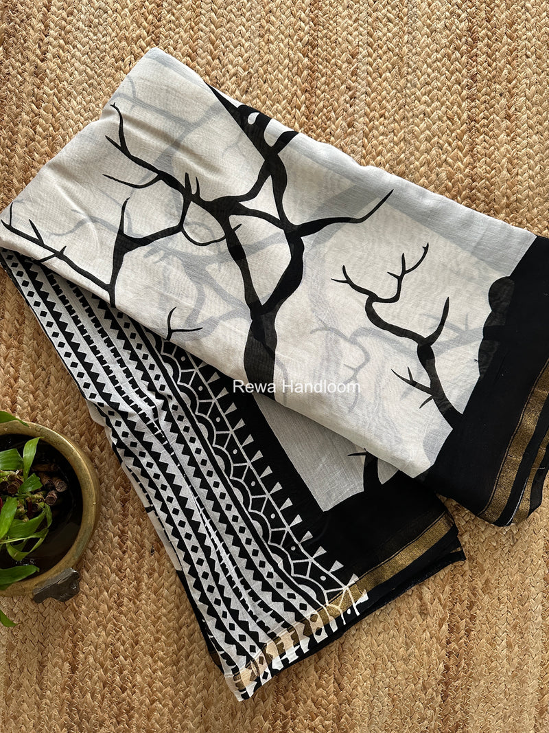 White Chanderi Silk Printed Saree CPS085