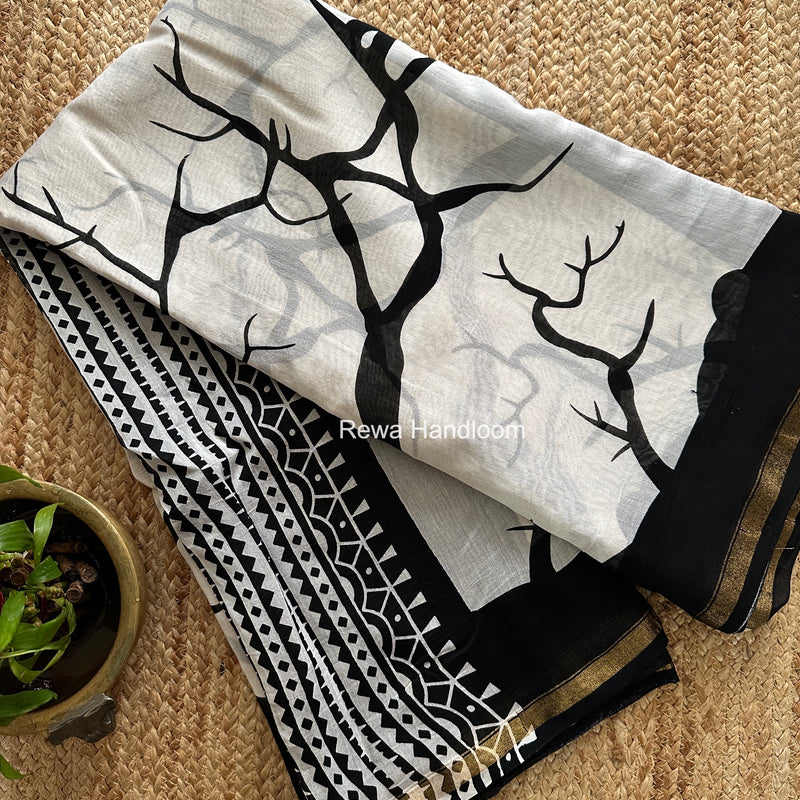 White Chanderi Silk Printed Saree CPS085