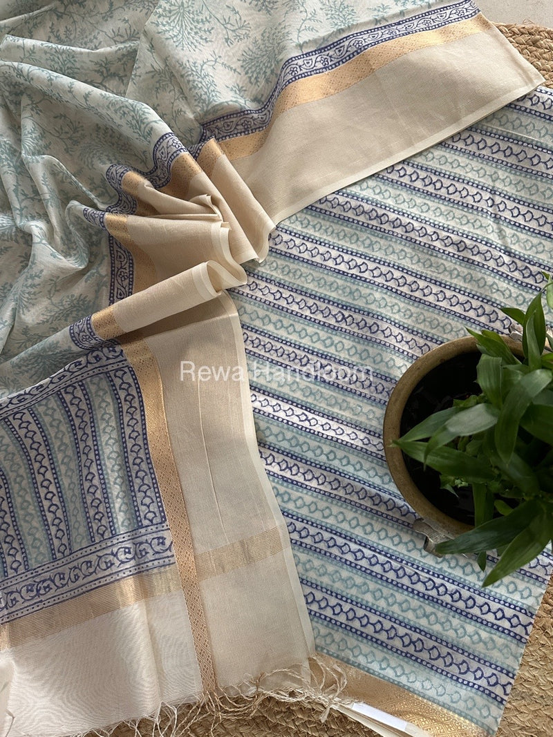 Maheshwari White Handblock Print Top-Dupatta HBS0125