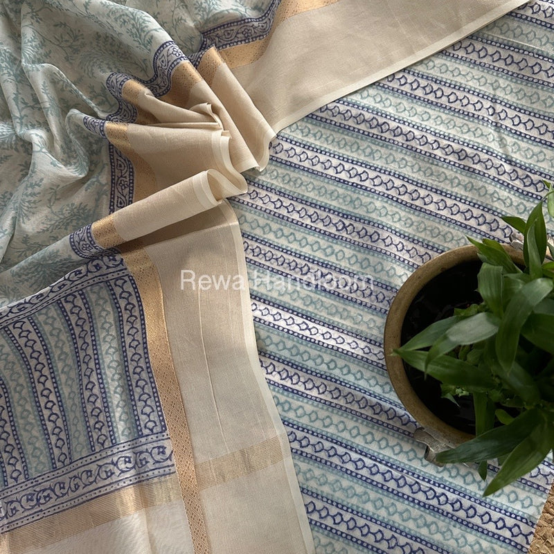 Maheshwari White Handblock Print Top-Dupatta HBS0125