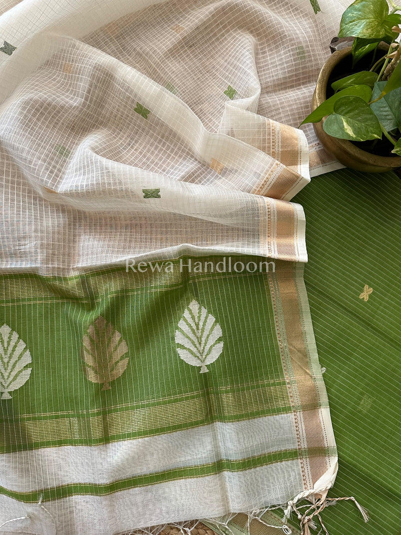 Maheshwari Light Green- White Katan Motifs Top Dupatta Sets-KBS045