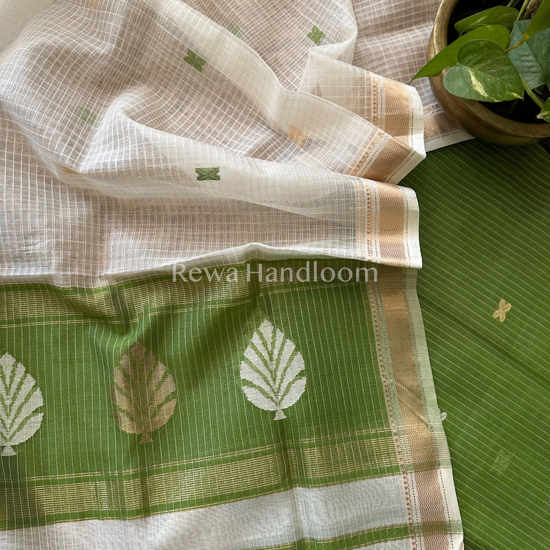 Maheshwari Light Green- White Katan Motifs Top Dupatta Sets-KBS045