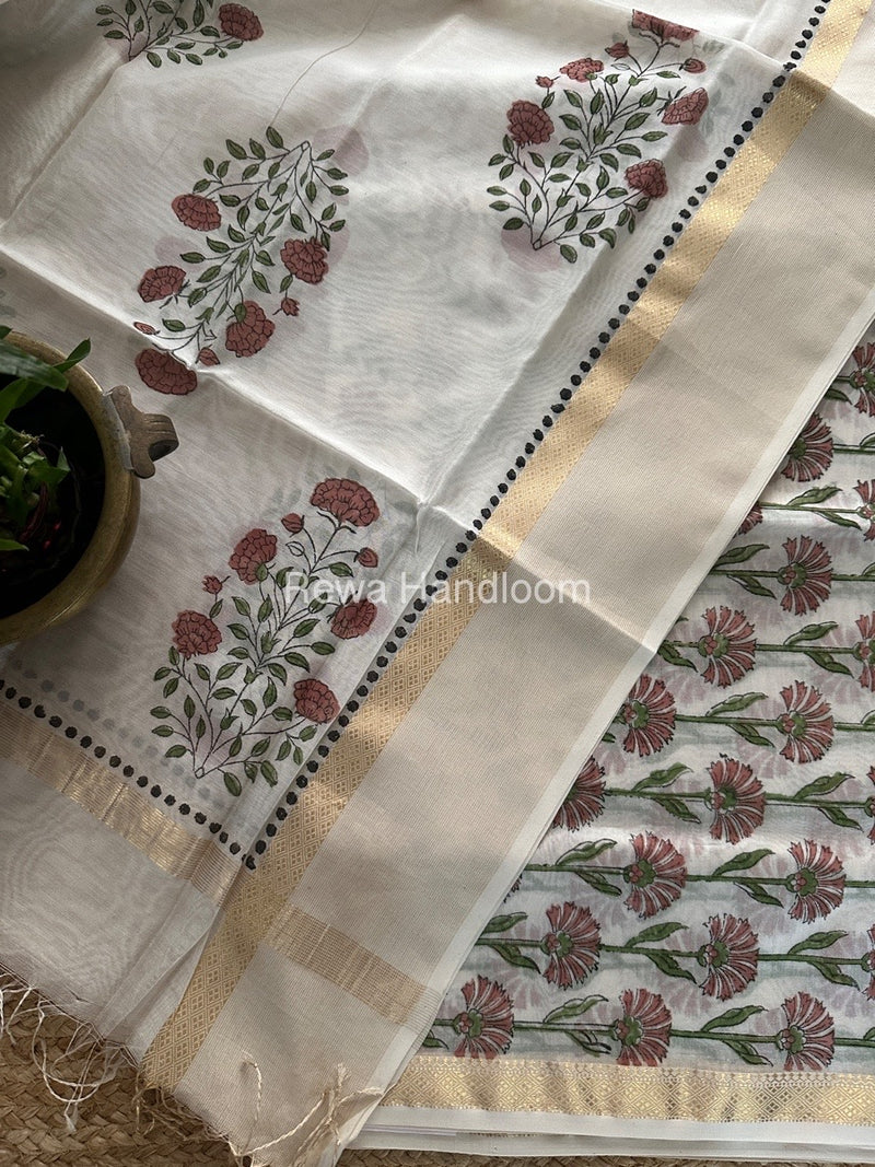 Maheshwari White Handblock Print Top-Dupatta HBS0144