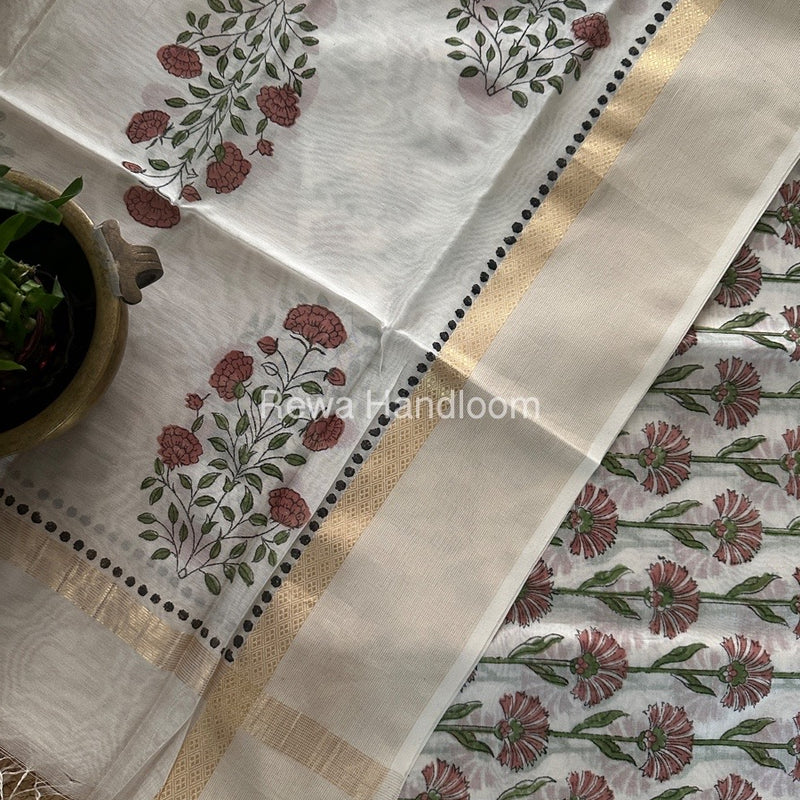 Maheshwari White Handblock Print Top-Dupatta HBS0144