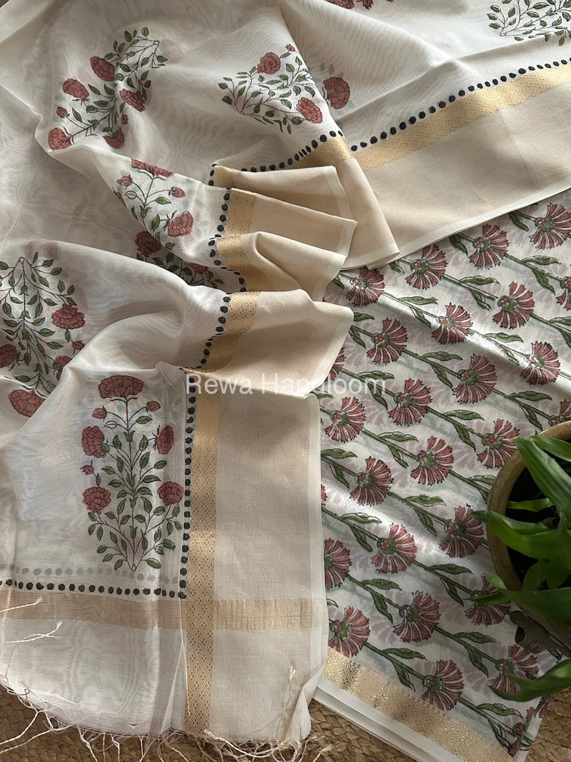 Maheshwari White Handblock Print Top-Dupatta HBS0144