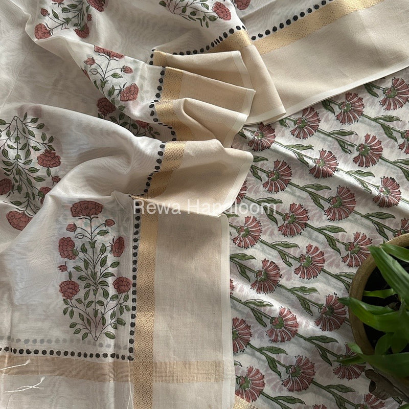 Maheshwari White Handblock Print Top-Dupatta HBS0144