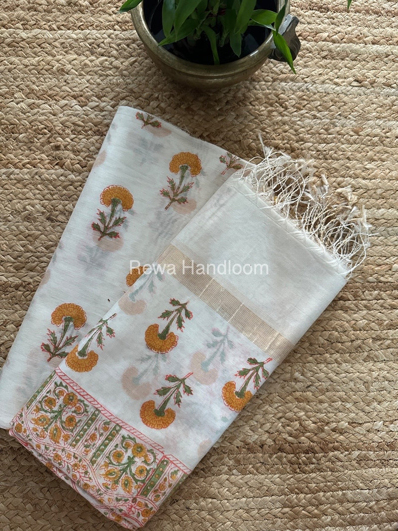 Maheshwari White Handblock Print Top-Dupatta HBS0136