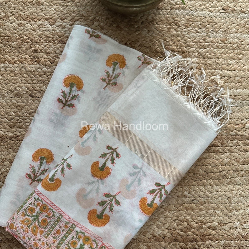 Maheshwari White Handblock Print Top-Dupatta HBS0136