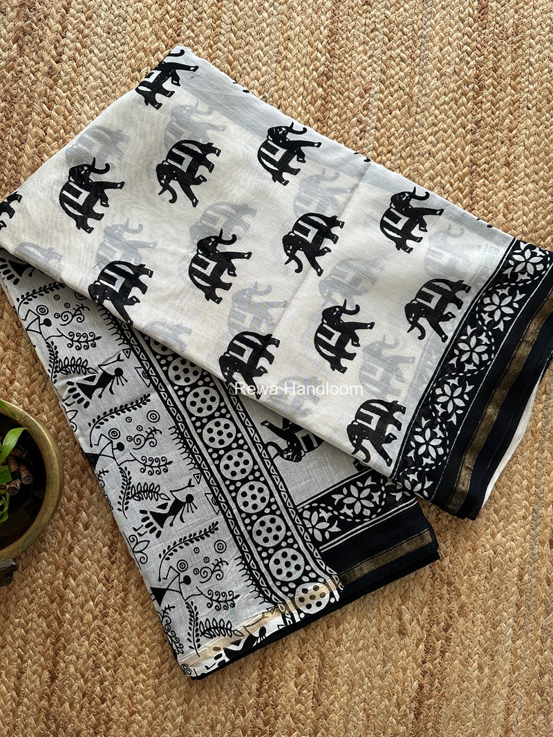 White Chanderi Silk Printed Saree CPS082