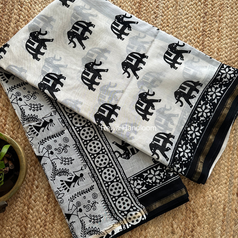 White Chanderi Silk Printed Saree CPS082