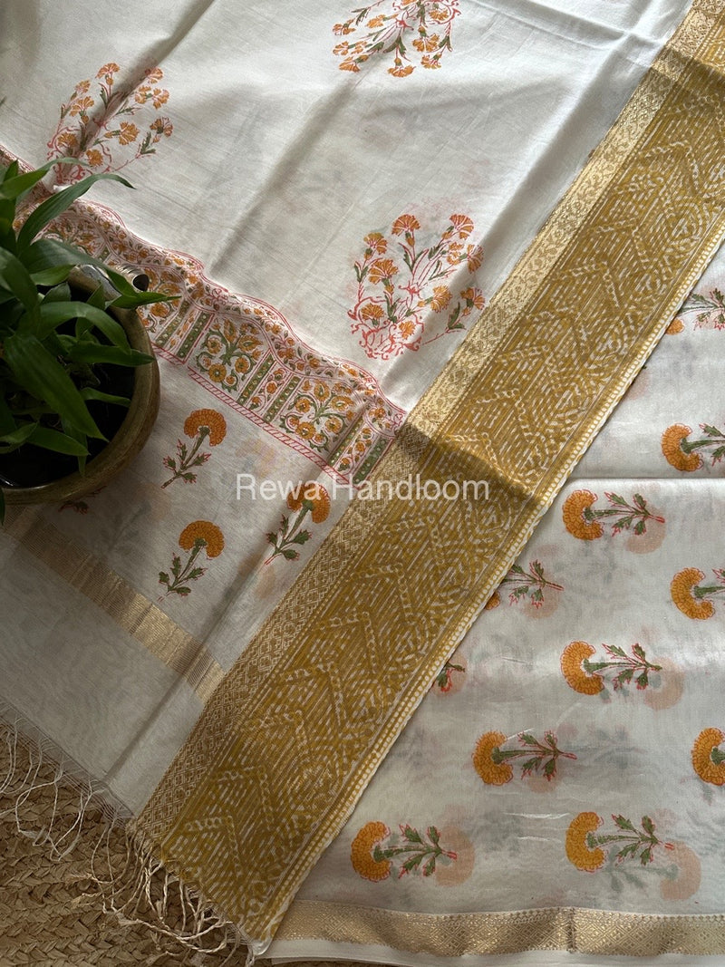 Maheshwari White Handblock Print Top-Dupatta HBS0136